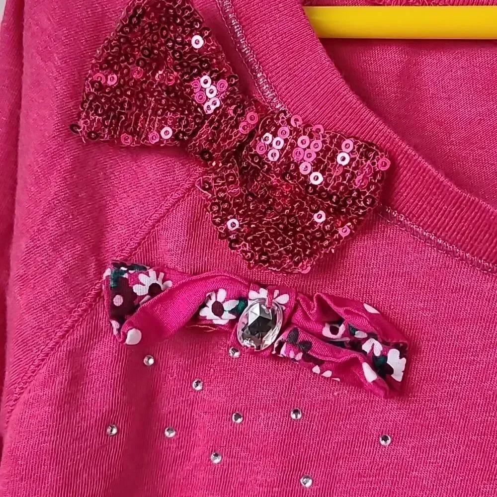 Justice Girls 10 Hot Pink Rhinestone Sequin Polka Dot Bow Short Sleeve Knit Top